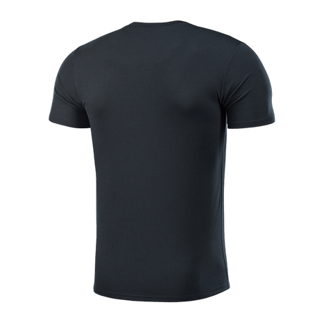 Musta M-Tac Sweat-Wicking T-Shirt Gen.II takaa nähtynä, suunniteltu mukavuuteen ja nopeaan kuivumiseen.