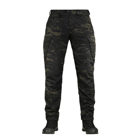 M-Tac Aggressor Elite Nyco Extreme housut Black Multicama4-kuosissa, sopivat taktiseen ja ulkoilukäyttöön.
