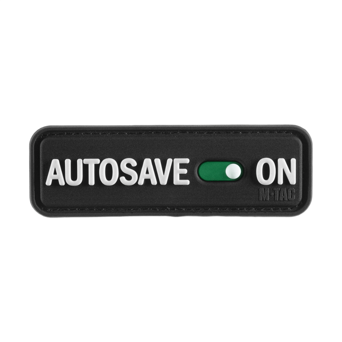 M-Tac Patch Autosave PVC 3D-muotoilulla ja Velcro-takapuolella, musta suorakulmio 'Autosave On' -tekstillä, sopii taktiseen varustukseen.