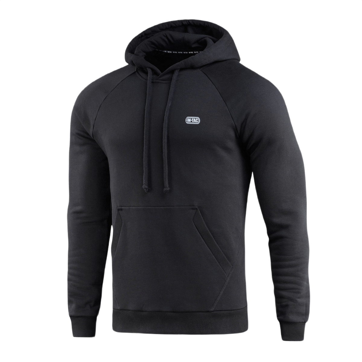 Musta M-Tac Cotton Raglan Hard Hoodie 100% puuvillaa kengurutaskulla, sopii syksyyn, talveen ja kevääseen. Mukava ja lämmin.
