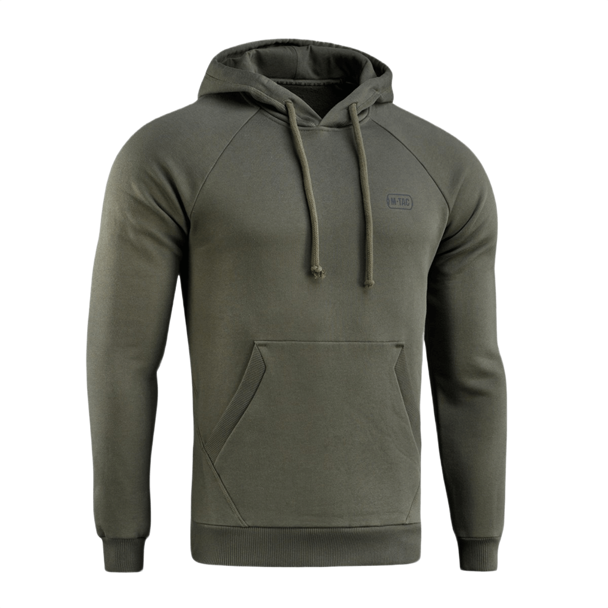 M-Tac Cotton Raglan Hard Hoodie oliivinvärisenä kengurutaskulla ja hupulla. Sopii arjen käyttöön tyylikkäillä raglan-hihoilla.