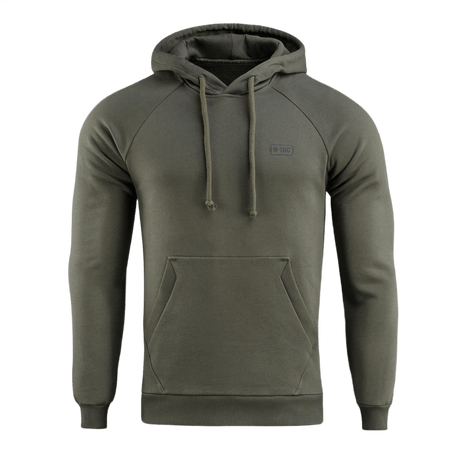 M-Tac Cotton Raglan Hard Hoodie oliivinvihreänä kengurutaskulla, ihanteellinen syksyyn ja talveen, 100% puuvillaa lämmitykseen ja mukavuuteen.