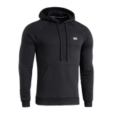 M-Tac Cotton Raglan Hard Hoodie mustana kengurutaskulla ja fleece-vuorella, sopii syksyyn ja talveen. Huppu ja raglan-hihat mukavuutta varten.