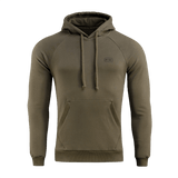 M-Tac Cotton Raglan Hard Hoodie oliivinvihreänä raglan-hihoilla ja kengurutaskulla, täydellinen syksyyn ja talveen, valmistettu 100% puuvillasta fleece-vuorella.