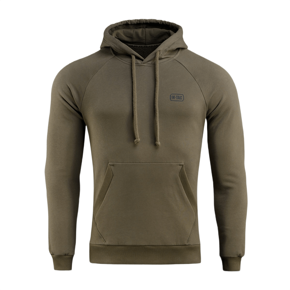 M-Tac Cotton Raglan Hard Hoodie oliivinvihreänä raglan-hihoilla ja kengurutaskulla, täydellinen syksyyn ja talveen, valmistettu 100% puuvillasta fleece-vuorella.