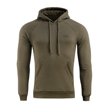 M-Tac Cotton Raglan Hard Hoodie oliivinvihreänä raglan-hihoilla ja kengurutaskulla, täydellinen syksyyn ja talveen, valmistettu 100% puuvillasta fleece-vuorella.