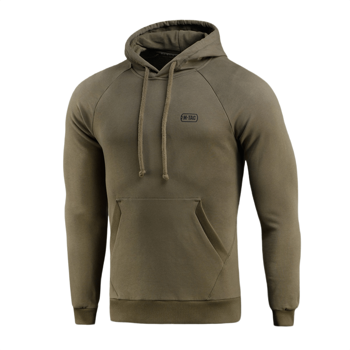 M-Tac Cotton Raglan Hard Hoodie oliivinvärisenä, 100% puuvillaa, fleece-vuori, raglanhihat, kengurutasku, sopii syksyyn ja talveen.