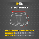 M-Tac Brief Active Level I kokotaulukko ja mitat: vyötärö-, lantio- ja sivupituus S–2XL.