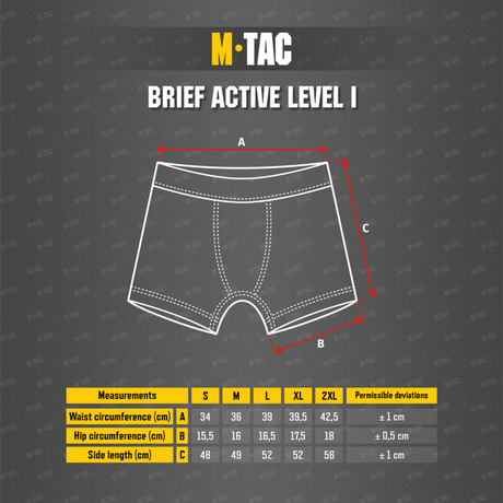 M-Tac Brief Active Level I kokotaulukko ja mitat: vyötärö-, lantio- ja sivupituus S–2XL.