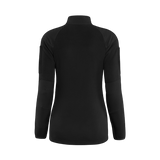 Musta M-Tac Combat Fleece -takki naisille, takakuvassa, ergonominen istuvuus ja kulutusta kestävät kyynärpääpaneelit