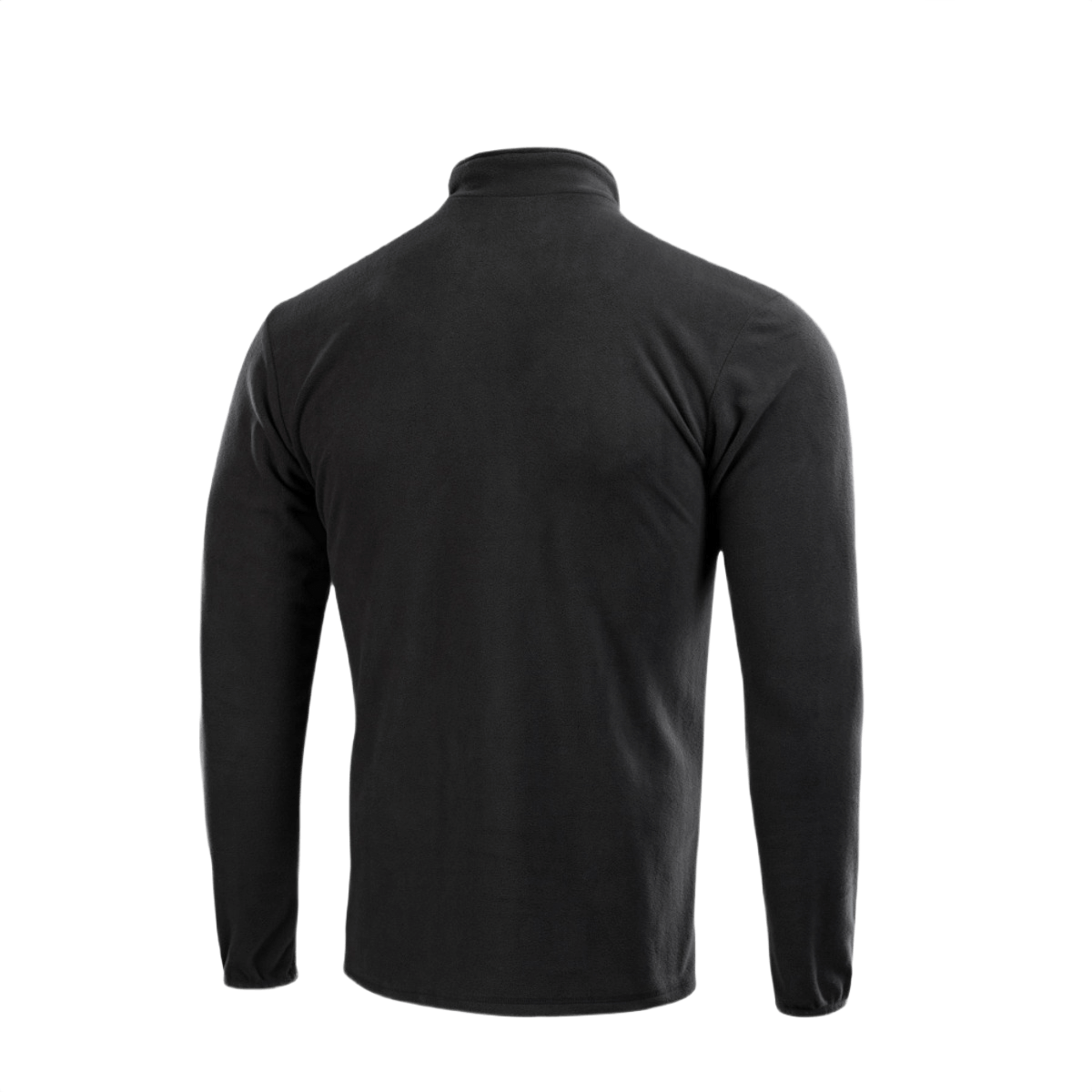 M-Tac Delta Fleece -takki takaa kuvattuna, musta fleece-malli pitkähihaisena ja mukana peukalonreiät, ihanteellinen ulkoiluun ja kylmään säähän