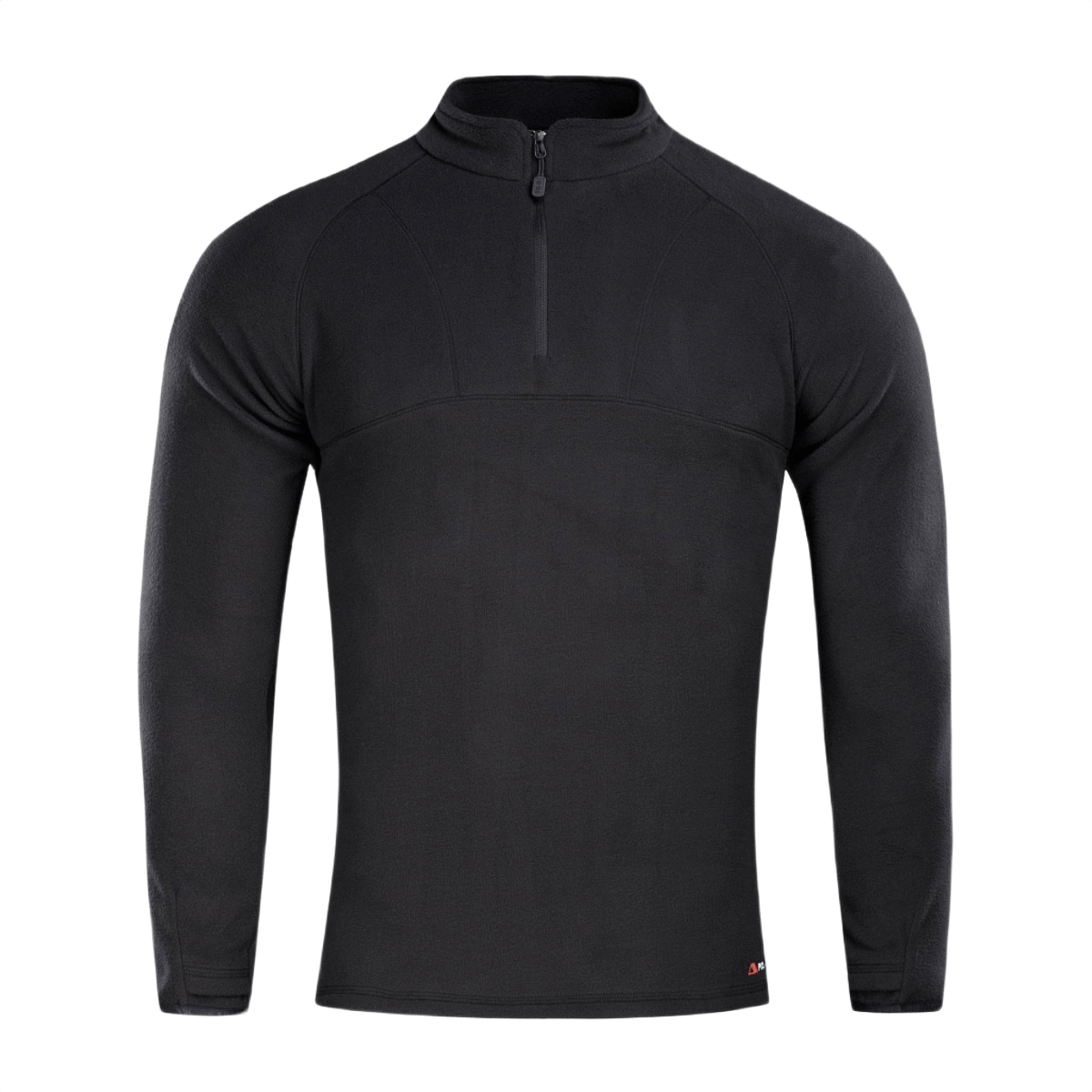 M-Tac Delta Polartec Raglan -takki mustana fleecenä jokapäiväiseen käyttöön ja ulkoiluun, korkealla kauluksella ja puolikkaalla vetoketjulla.