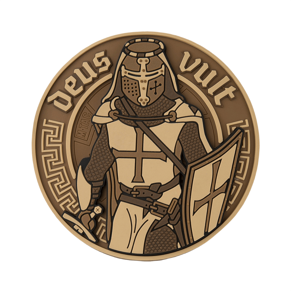 M-Tac Deus Vult 3D PVC patch ruskeana, ritari-aihe ja teksti 'Deus Vult' 3D-muotoilulla, sopii sotilaskäyttöön ja ulkoiluun.