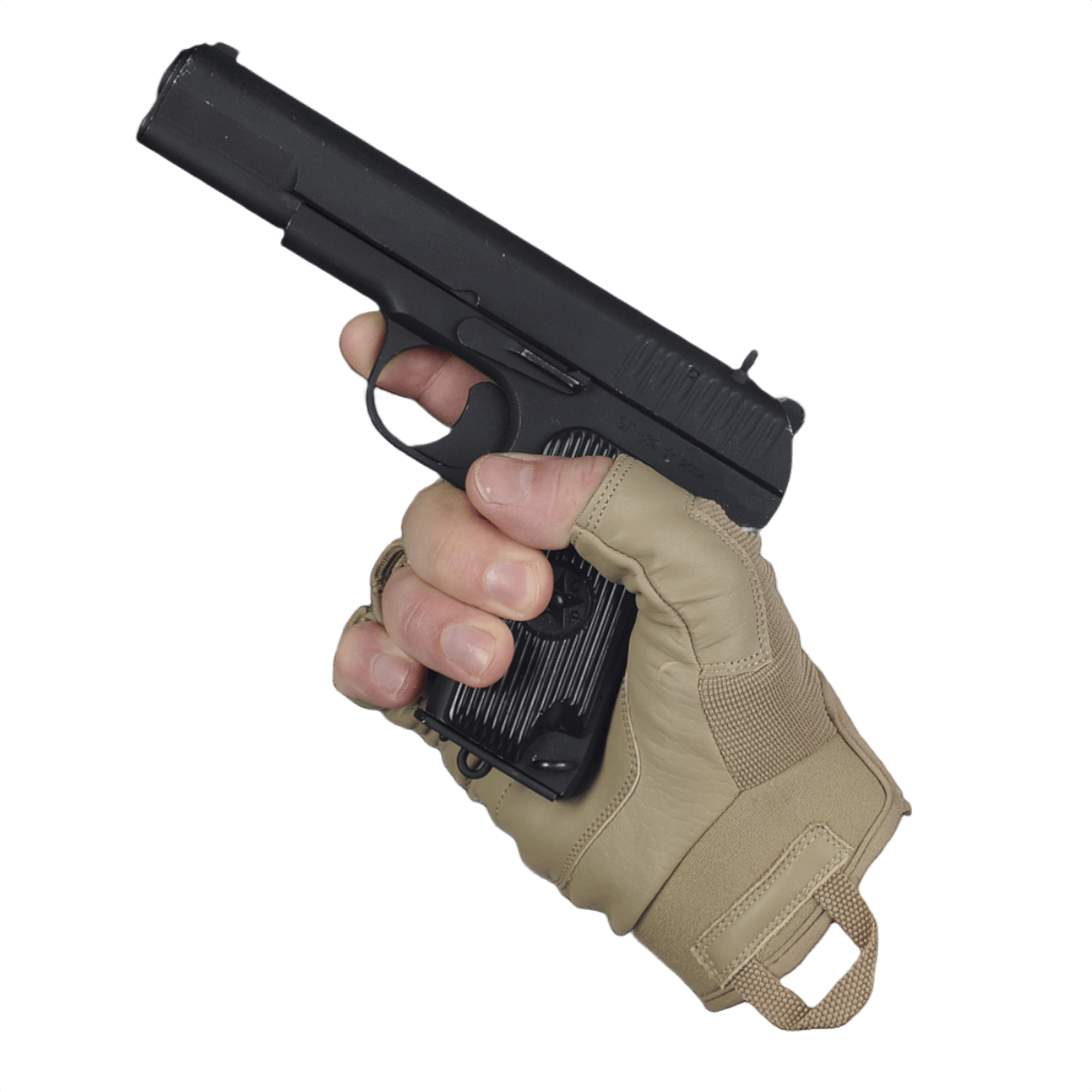 M-Tac sormiottomat hanskat Assault Tactical Mk.4 näyttävät pistoolinotteen parannetun hallinnan ja turvallisuuden.