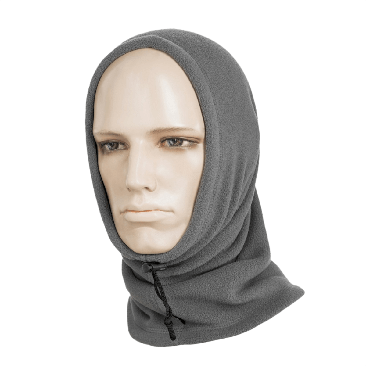 M-Tac Fleece Neck Gaiter med Snor harmaana, mannekiinilla, suoja kylmää vastaan, säädettävä nyörillä mukavuutta varten.