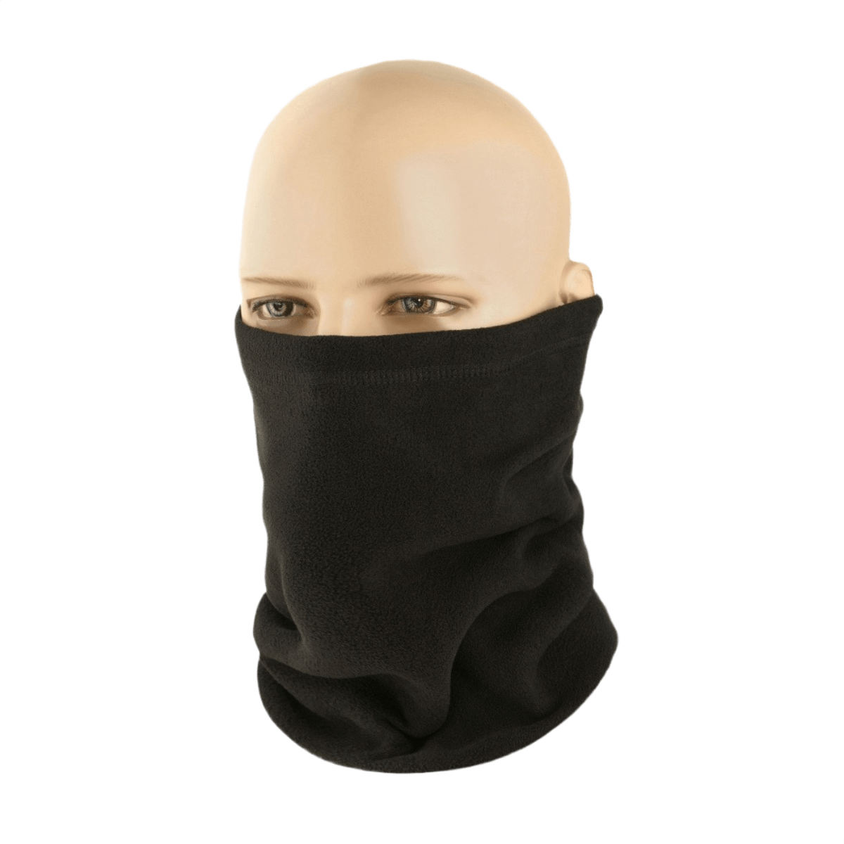 M-Tac Fleece Neck Gaiter med Snor, musta fleece-kauluri mannekiinilla, monikäyttöinen ja mukava kylmään säähän.