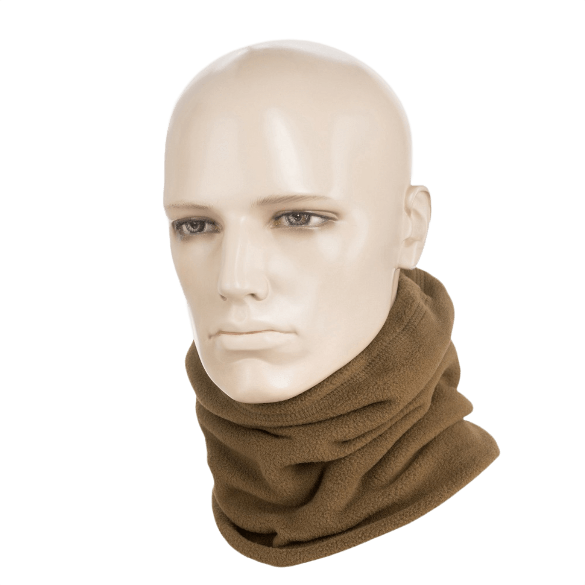 M-Tac Fleece Neck Gaiter med Snor ruskeassa fleecessä, säädettävä ja monikäyttöinen kauluri mannekiinilla, sopii kylmään säähän.