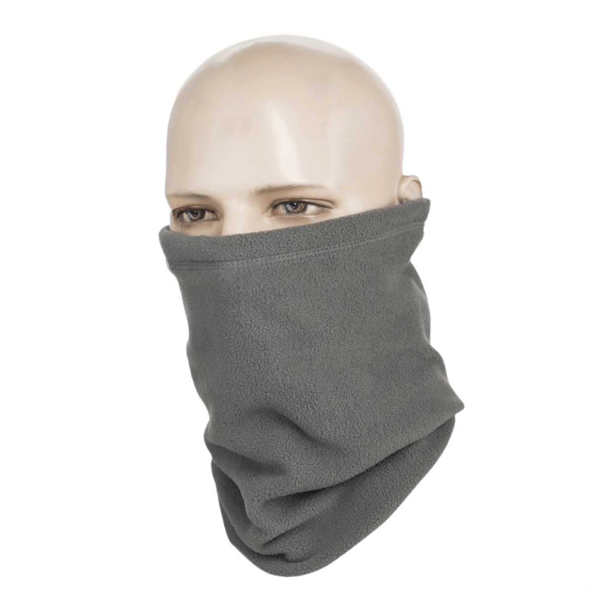 M-Tac Fleece Neck Gaiter med Snor, harmaa kauluri mannekiinilla, monikäyttöinen fleece, säädettävä nyörillä, 47 x 25 cm.