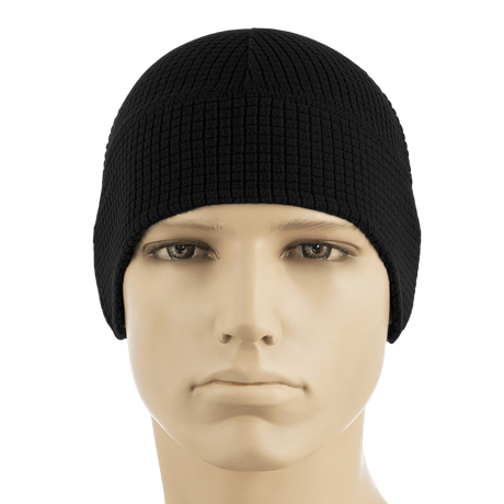M-Tac Fleece Rip-Stop kypärämyssy Gen.II, musta, sopii viileään säähän, esillä mallinukella neutraalilla taustalla.