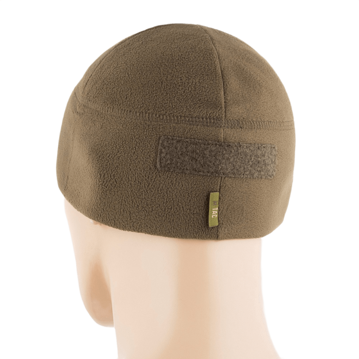 M-Tac Fleece Tactical Watch Cap Beanie m. Patch Panel ruskeana, takakuvasta, korostaa fleece-rakennetta ja patch-paneelia