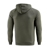 M-Tac Cotton Raglan Hard Hoodie oliivinvärisenä takaa nähtynä raglan-hihoilla ja hupulla, 100% puuvillaa.