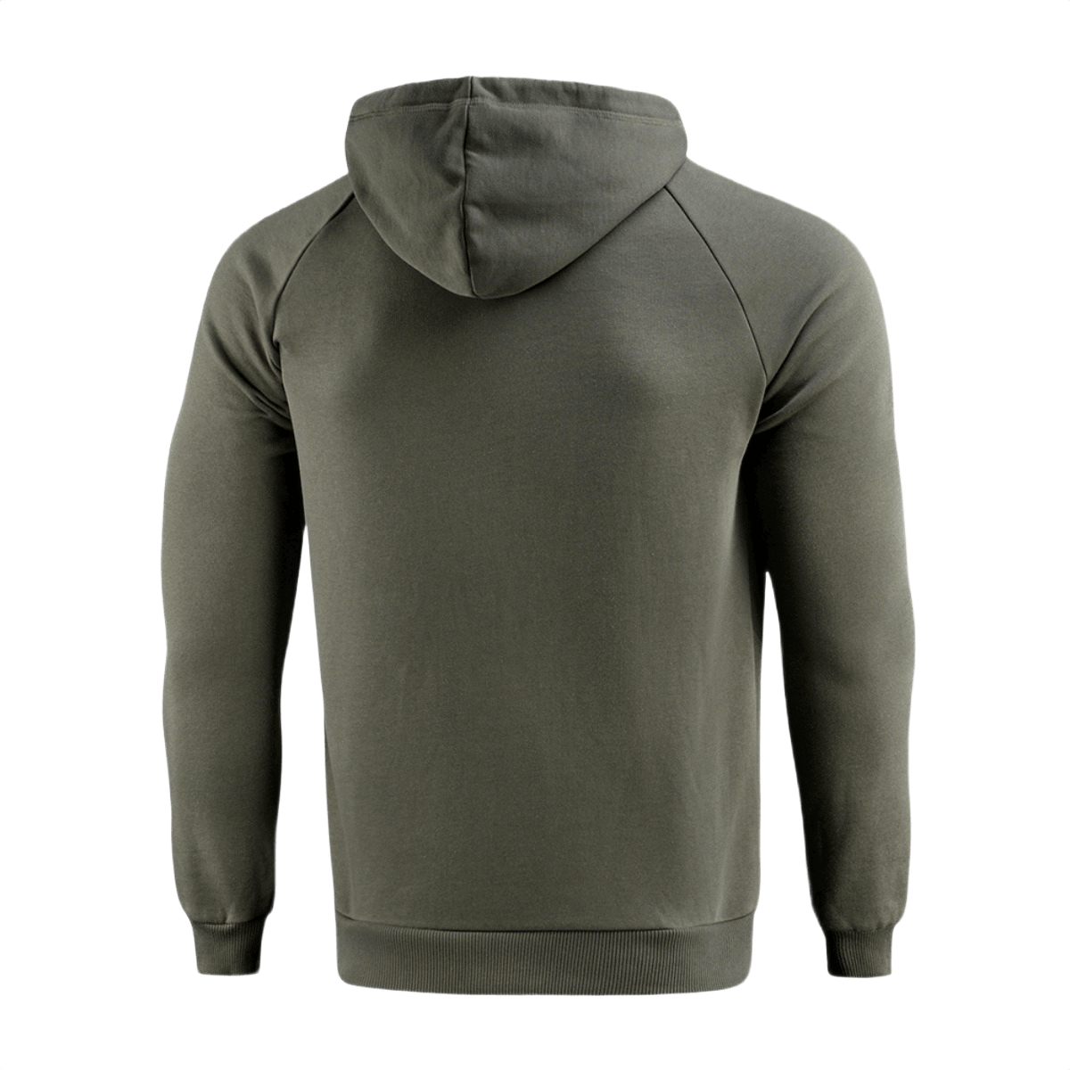 M-Tac Cotton Raglan Hard Hoodie oliivinvärisenä takaa nähtynä raglan-hihoilla ja hupulla, 100% puuvillaa.