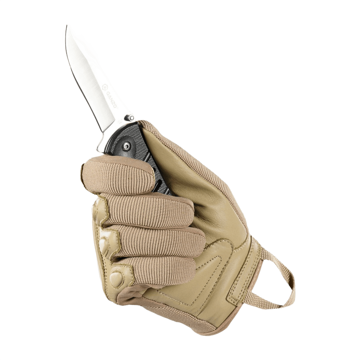 M-Tac Assault Tactical Mk.2 -näyttää nahkahanskan pitelemässä veistä.