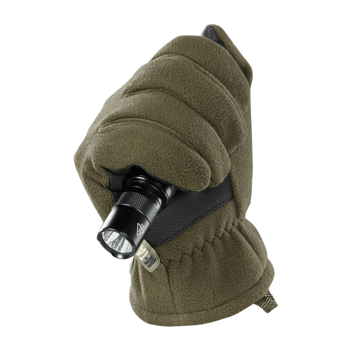 M-Tac-hanskat Fleece Thinsulate Thinsulate-eristyksellä, näyttävät taskulampun, jota pidetään vahvistetulla kämmenellä.