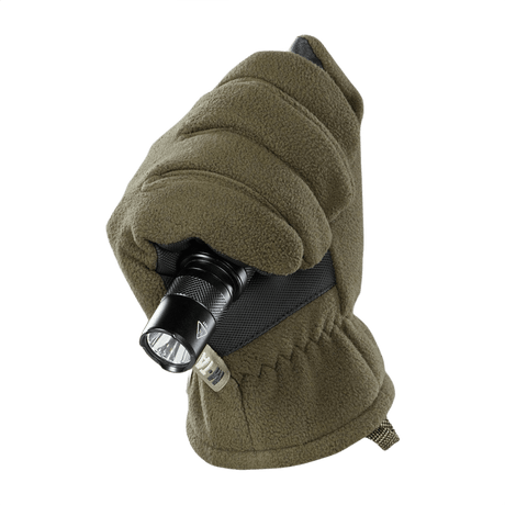 M-Tac-hanskat Fleece Thinsulate Thinsulate-eristyksellä, näyttävät taskulampun, jota pidetään vahvistetulla kämmenellä.