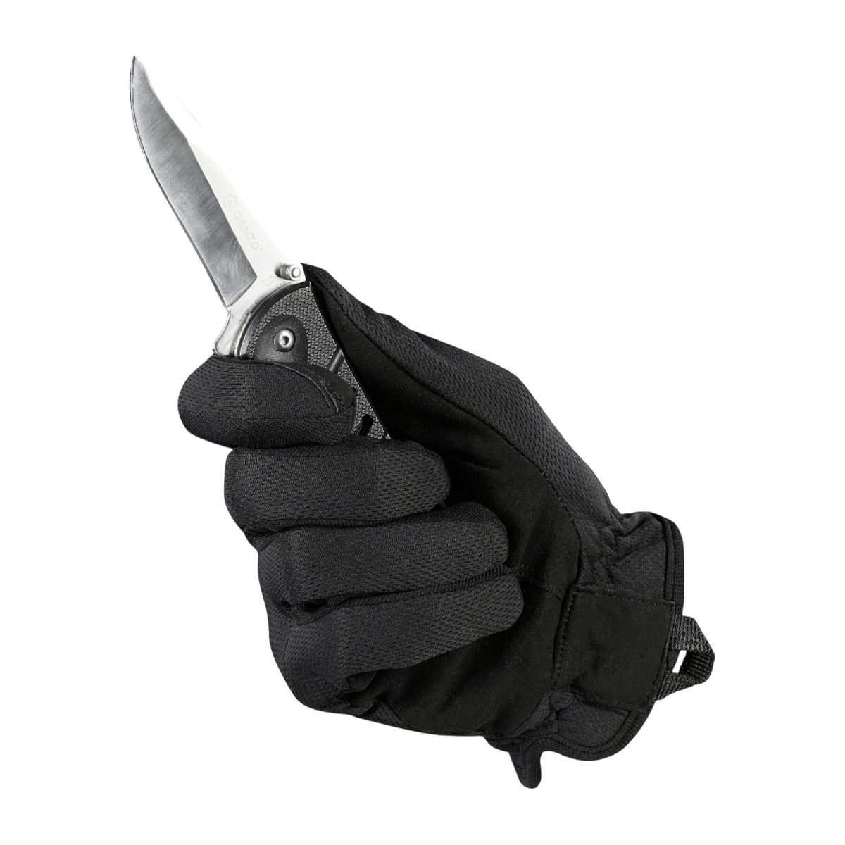 M-Tac Handsker Scout Tactical Mk.2, käytössä veitsen kanssa, synteettinen nahka suojaa ja kestävyyttä, sopii työkalutöihin.
