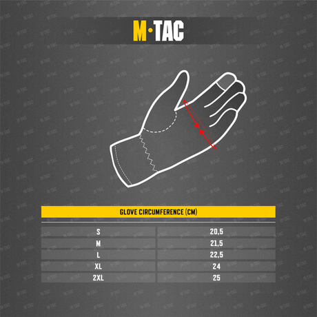 M-Tac Handsker Soft Shell Thinsulate, kokotaulukko hanskoille, mitat cm.