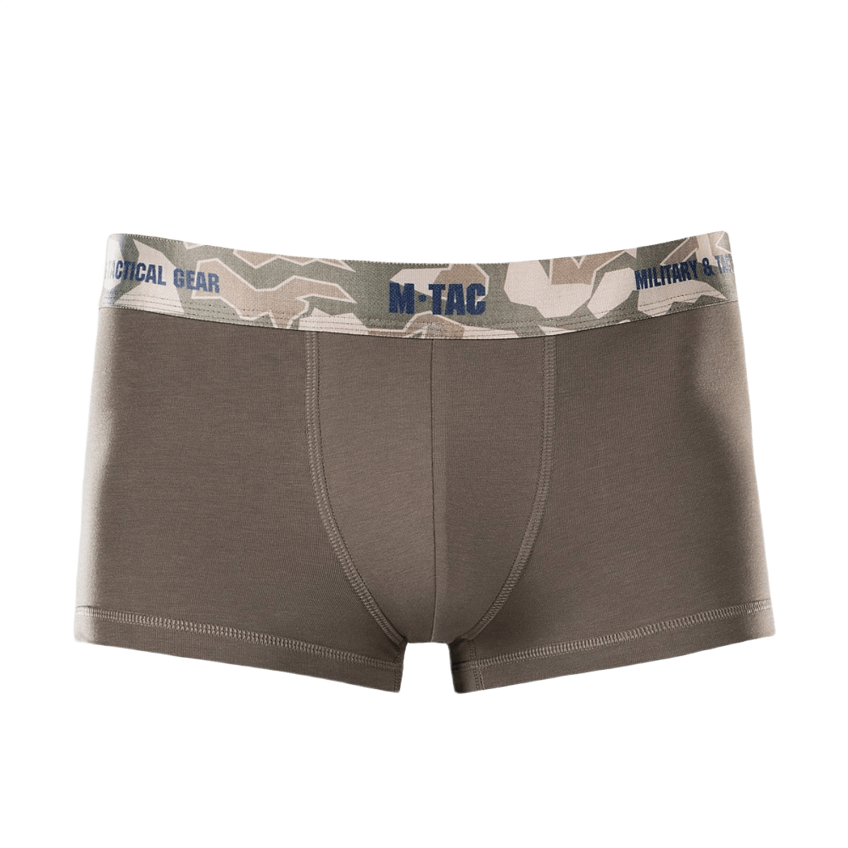M-Tac Herre Boxer 93/7 ruskeana camo-kuminauhalla, 93% puuvillaa, 7% elastaania, mukava ja kestävä, sopii aktiiviseen elämäntyyliin.