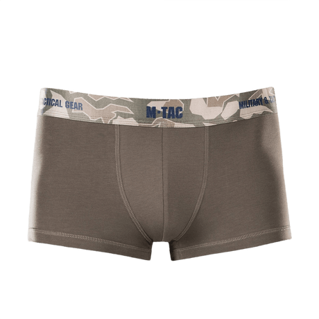 M-Tac Herre Boxer 93/7 ruskeana camo-kuminauhalla, 93% puuvillaa, 7% elastaania, mukava ja kestävä, sopii aktiiviseen elämäntyyliin.