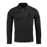 M-Tac Tactical Polo Shirt pitkähiha 65/35 musta, suunniteltu poliisi- ja turvallisuustyöhön, Velcro-panelit, pitkähiha lisäsuojaa varten