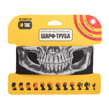 M-Tac Let Tubehalstørklæde Reaper Skull pakkauksessa kallo-kuosilla, monikäyttöinen airsoftiin, pyöräilyyn ja patikointiin.