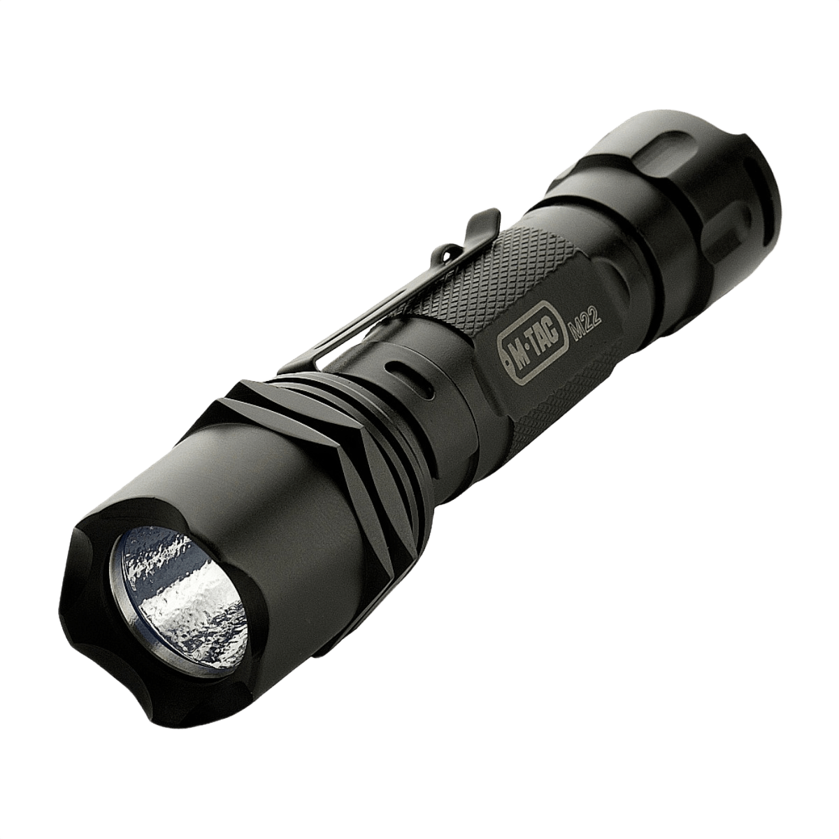 M-Tac taskulamppu M22-C taktinen LED-taskulamppu alumiiniseoksesta 250 lumenia, musta malli sisä- ja ulkokäyttöön.