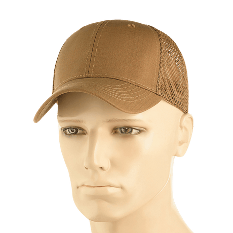 M-Tac Mesh Flex Ripstop Baseball Cap ruskeana mesh-paneeleilla, säädettävä Velcro-nauha mallinuken päässä. Käytännöllinen ulkoilulippis.