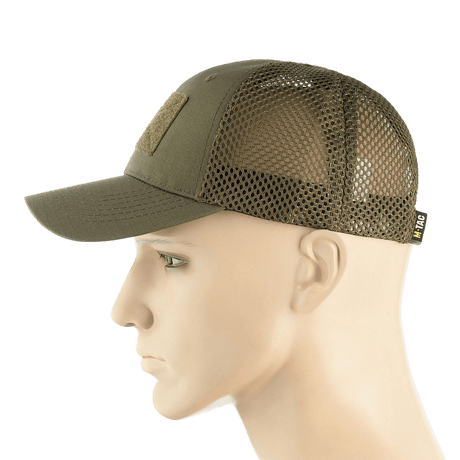 M-Tac Mesh Flex Ripstop Baseball Cap Velcro-kiinnityksellä oliivinvihreänä, ventilaatioverkko ja Velcro-paneeli, sivunäkymä.