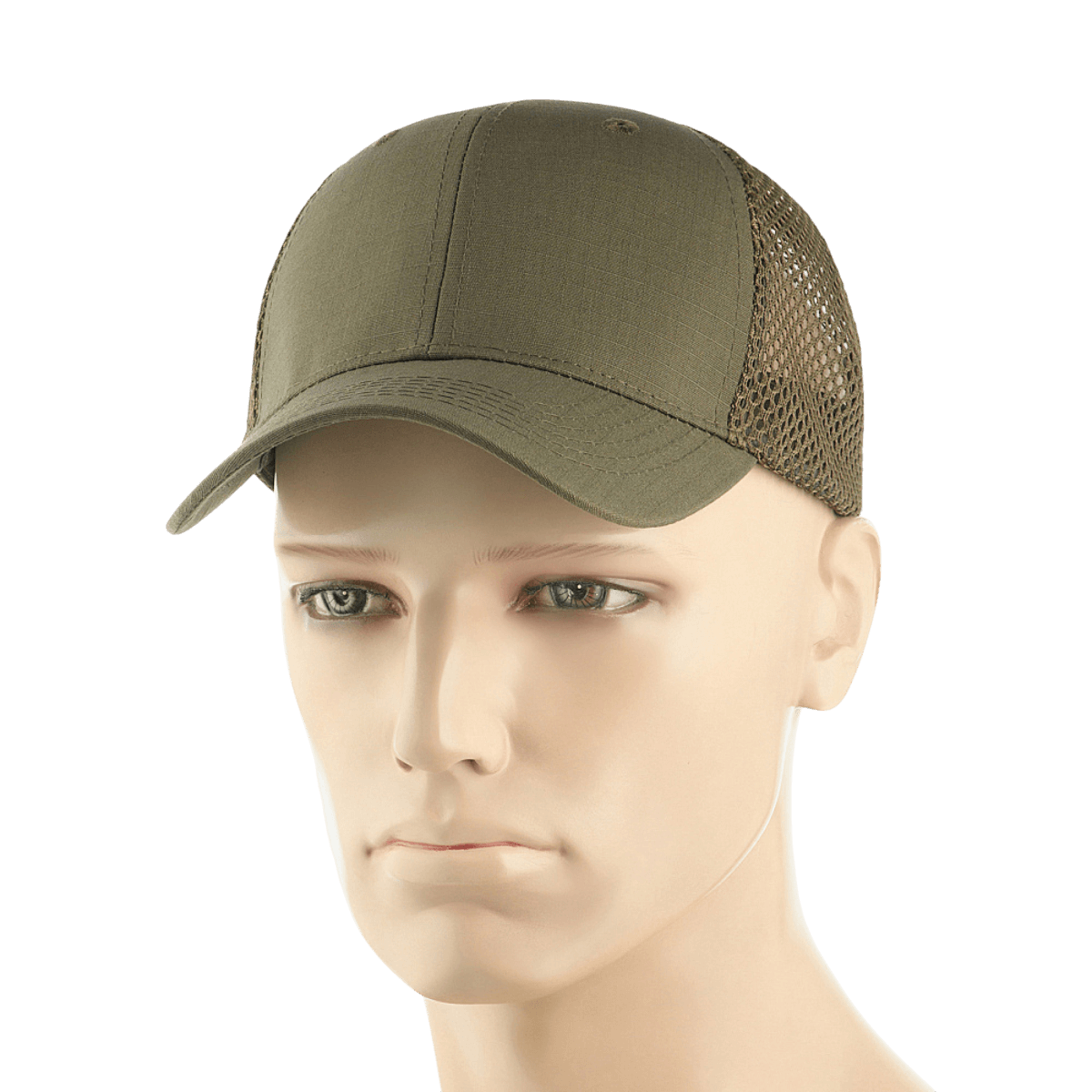 M-Tac Mesh Flex Ripstop Baseball Cap vihreänä mesh-paneeleilla, säädettävä Velcro-nauha ja kiinteä lippa, täydellinen ulkokäyttöön.