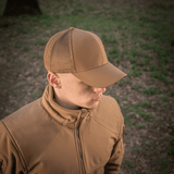 M-Tac Mesh Flex Ripstop Baseball Cap ruskeana, mesh-paneelit ja Velcro-tarranauha, sopii ulkokäytön mukavuuteen ja ilmanvaihtoon.
