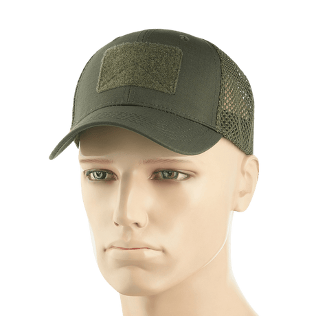 M-Tac Mesh Flex Ripstop Baseball Cap Velcro-kiinnityksellä netti-paneeleilla, sopii taktiseen käyttöön ja kesäpäiviin, mannekiinilla esitettynä.