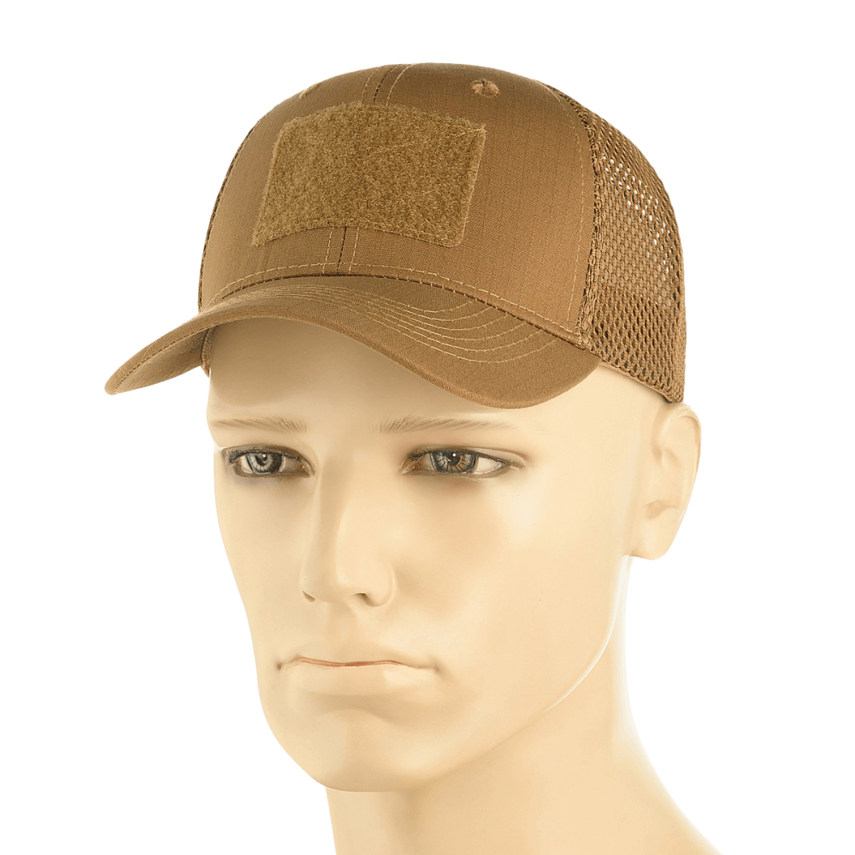 M-Tac Mesh Flex Ripstop Baseball Cap Velcro-kiinnityksellä mannekiinilla, suunniteltu ilmanvaihtoon ja mukavuuteen taktista käyttöä varten, etunäkymä.