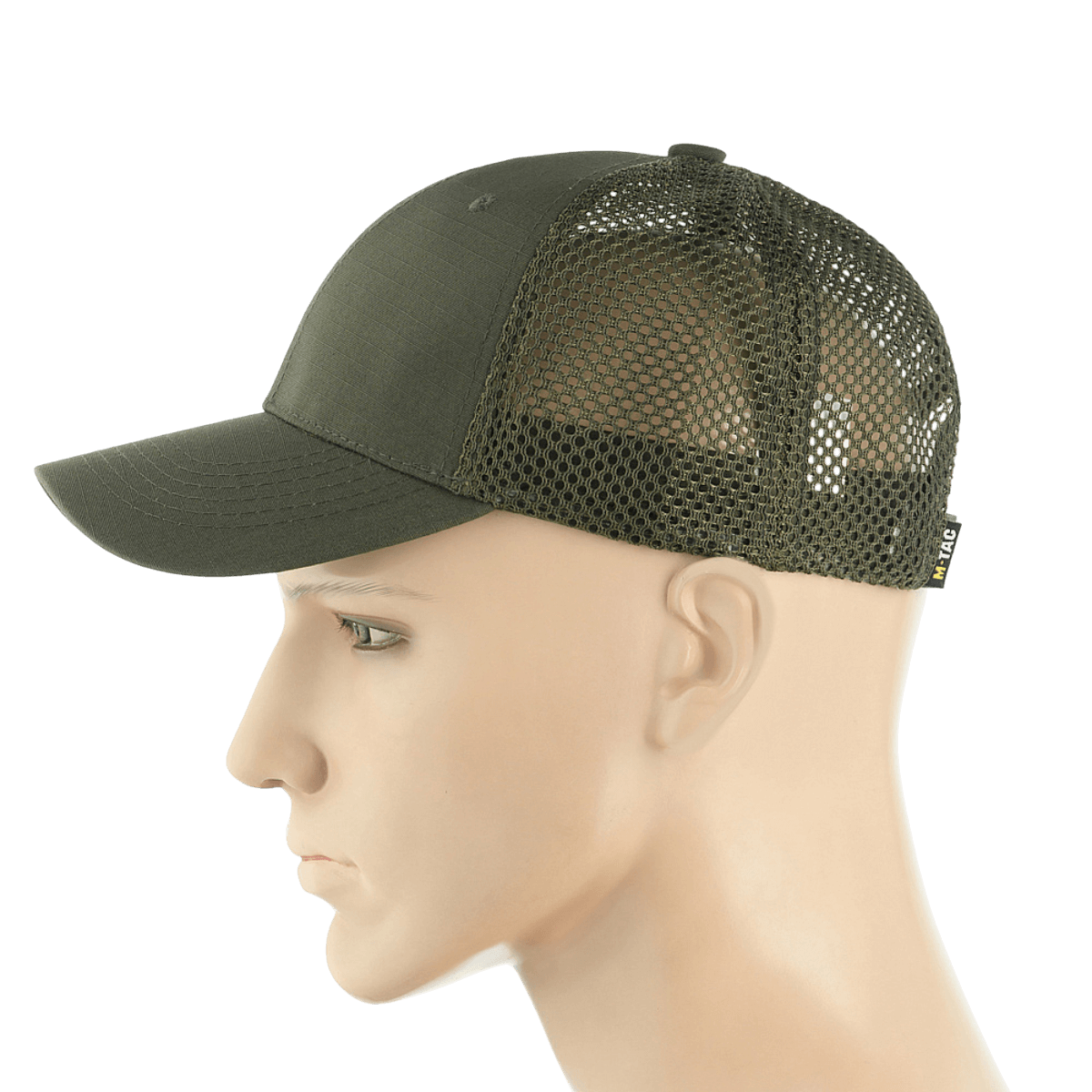 M-Tac Mesh Flex Ripstop Baseball Cap vihreänä, mesh-paneelit ilmanvaihtoon ja säädettävä Velcro-tarranauha ulkokäyttöön.