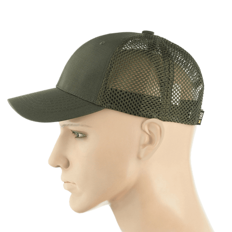 M-Tac Mesh Flex Ripstop Baseball Cap vihreänä, mesh-paneelit ilmanvaihtoon ja säädettävä Velcro-tarranauha ulkokäyttöön.