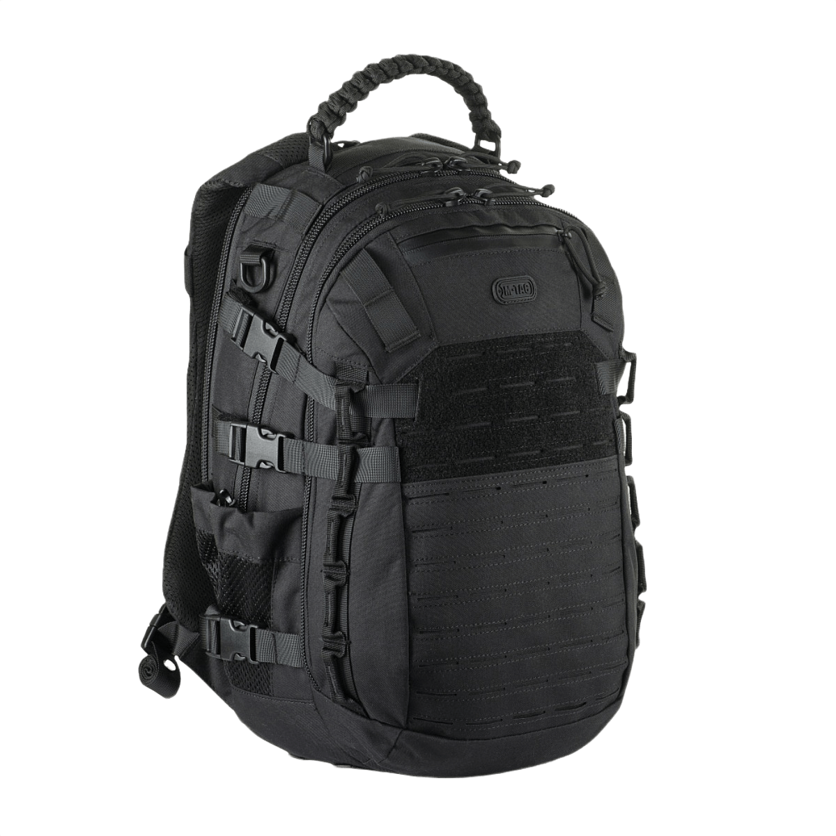 M-Tac Mission Pack -reppu kestävästä mustasta nylosta, MOLLE laser cut -järjestelmällä, suunniteltu taktiseen käyttöön ja outdoor-aktiviteetteihin.