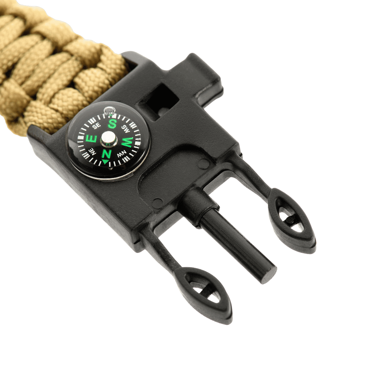 M-Tac Paracord-rannekoru beigena mustalla soljella ja kompassin yksityiskohdalla