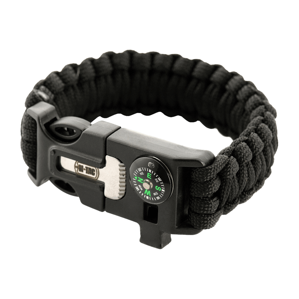 M-Tac Paracord-rannekoru sytyttimellä, kompassilla ja pillillä ulkoiluun ja selviytymiseen.