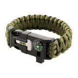 M-Tac Paracord-rannekoru sytyttimellä, kompassilla ja pillillä oliivinvihreänä, ihanteellinen ulkoiluun ja selviytymiseen.