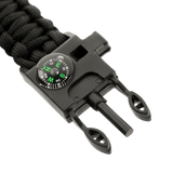 M-Tac Paracord-rannekoru sytyttimellä, kompassilla ja pillillä mustana, kestävät materiaalit ja monitoimiset ominaisuudet.
