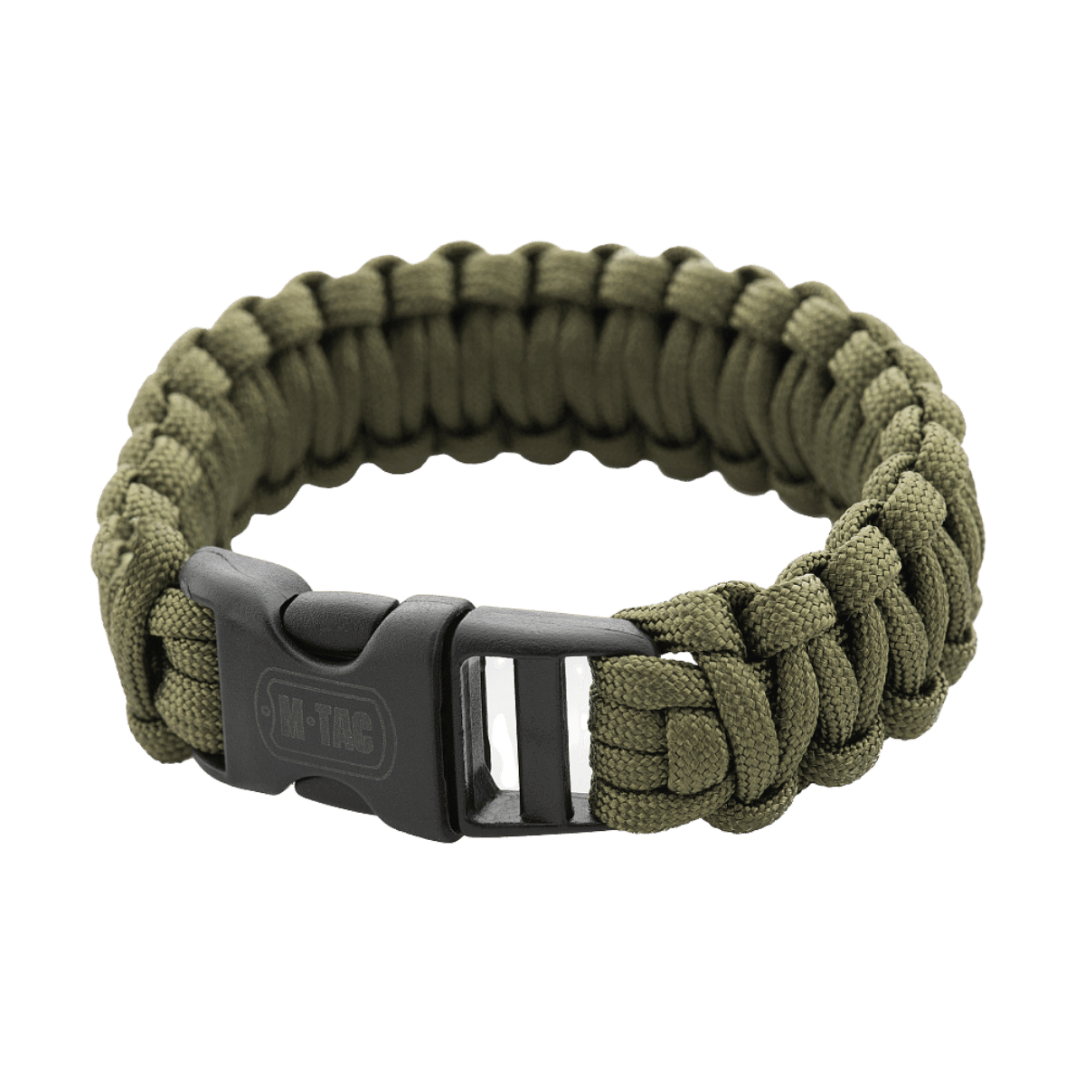 M-Tac Paracord-rannekoru sotilasvihreänä, selviytymisranneke vahvalla ja kevyellä paracord-narulla. Täydellinen retkeilyyn. Kantaa jopa 200 kg